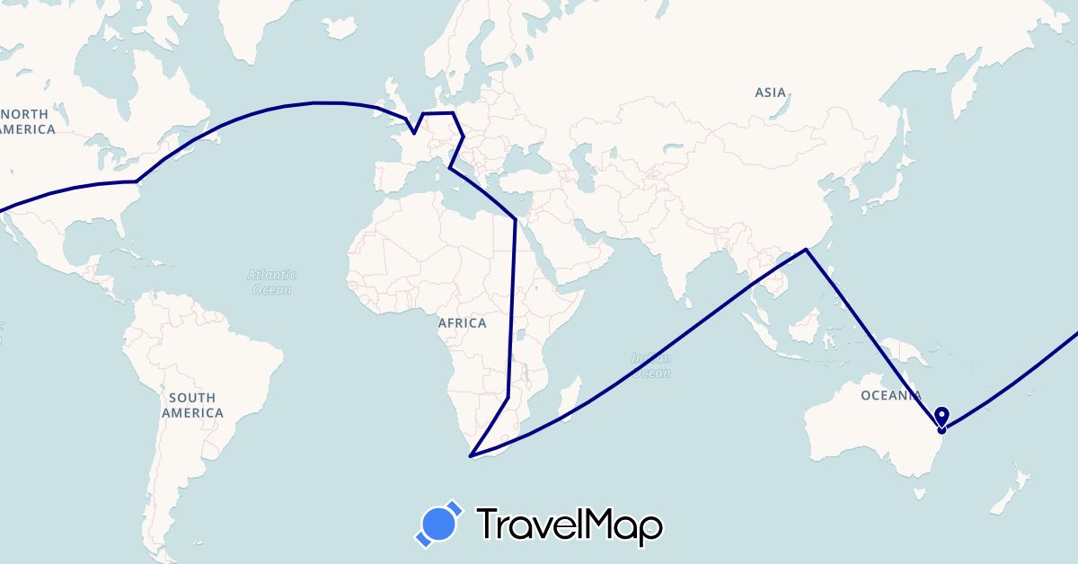 TravelMap itinerary: driving in Austria, Australia, China, Germany, Egypt, France, United Kingdom, Ireland, Italy, Netherlands, United States, South Africa, Zimbabwe (Africa, Asia, Europe, North America, Oceania)
